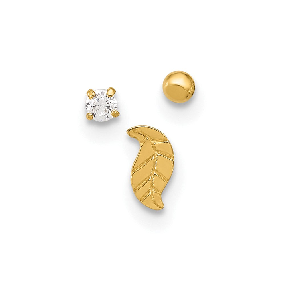 14K 22 Gauge Leaf, Ball and CZ Post Nose Set