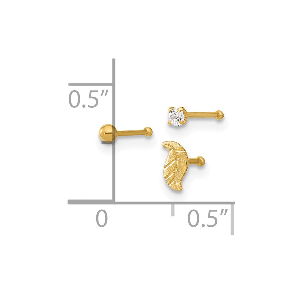 14K 22 Gauge Leaf, Ball and CZ Post Nose Set