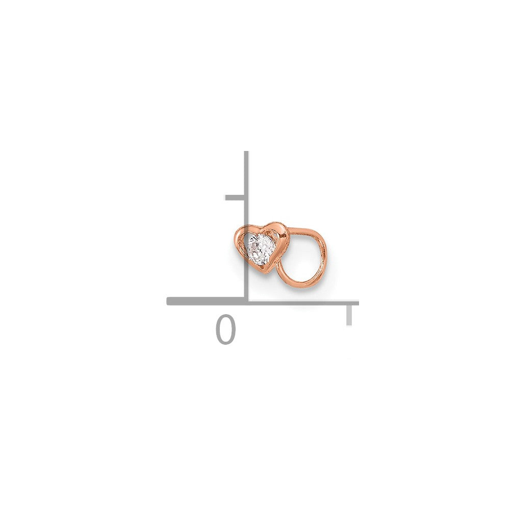14K Rose Gold 23 Gauge CZ Heart Nose Post