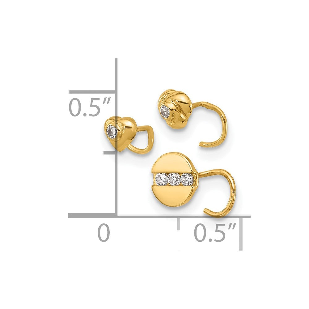 14K 22 Gauge CZ Heart, Flower, and Circle Nose Post Set