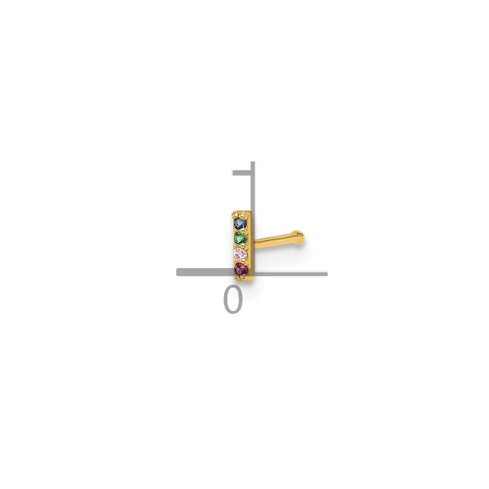 14k 22 Gauge Polished Multicolor CZ Bar Nose Stud
