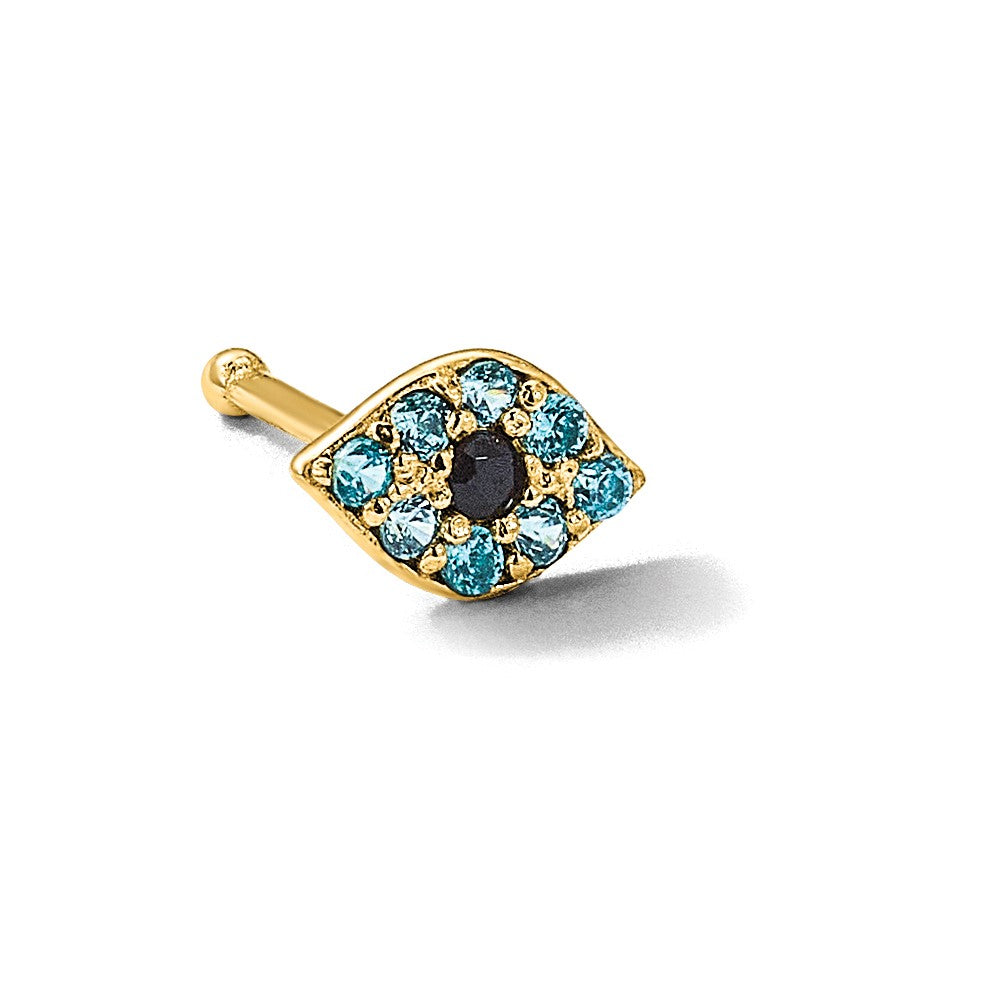 14K 20 Gauge Polished Blue CZ Evil Eye Nose Stud