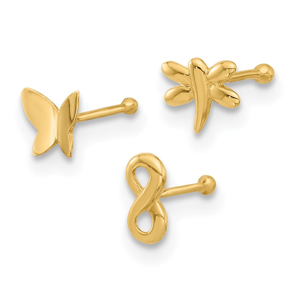 14K 22 Gauge Polished Infinity Symbol, Dragonfly and Butterfly Nose Stud