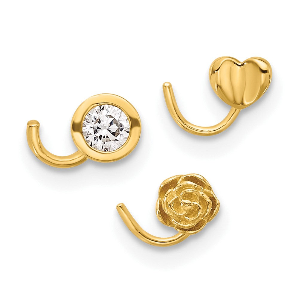 14K 22 Gauge Polished CZ, Flower and Heart Nose Ring Set
