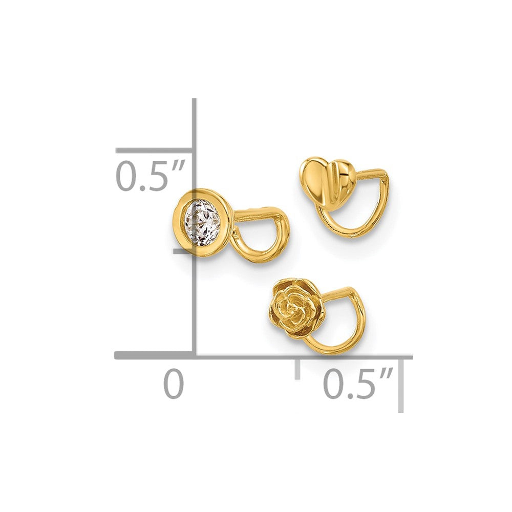 14K 22 Gauge Polished CZ, Flower and Heart Nose Ring Set