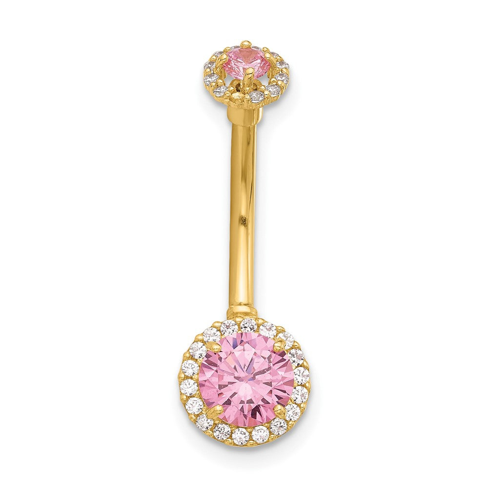 14K 14 Gauge Polished Pink and White CZ Navel/Belly Ring