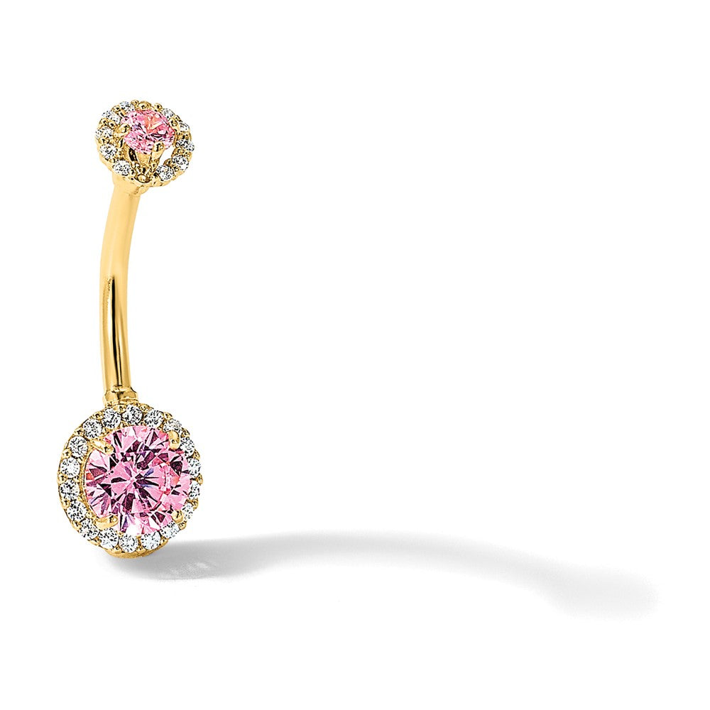 14K 14 Gauge Polished Pink and White CZ Navel/Belly Ring