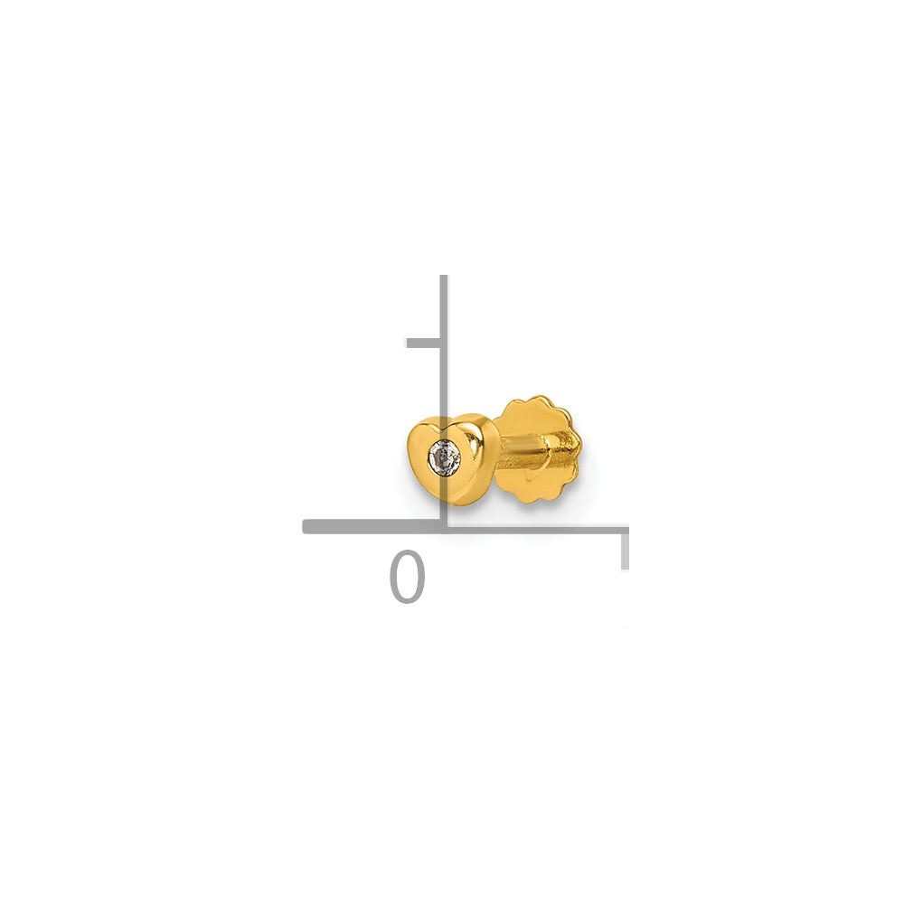 14K Polished Heart CZ 16 Gauge Labret Stud