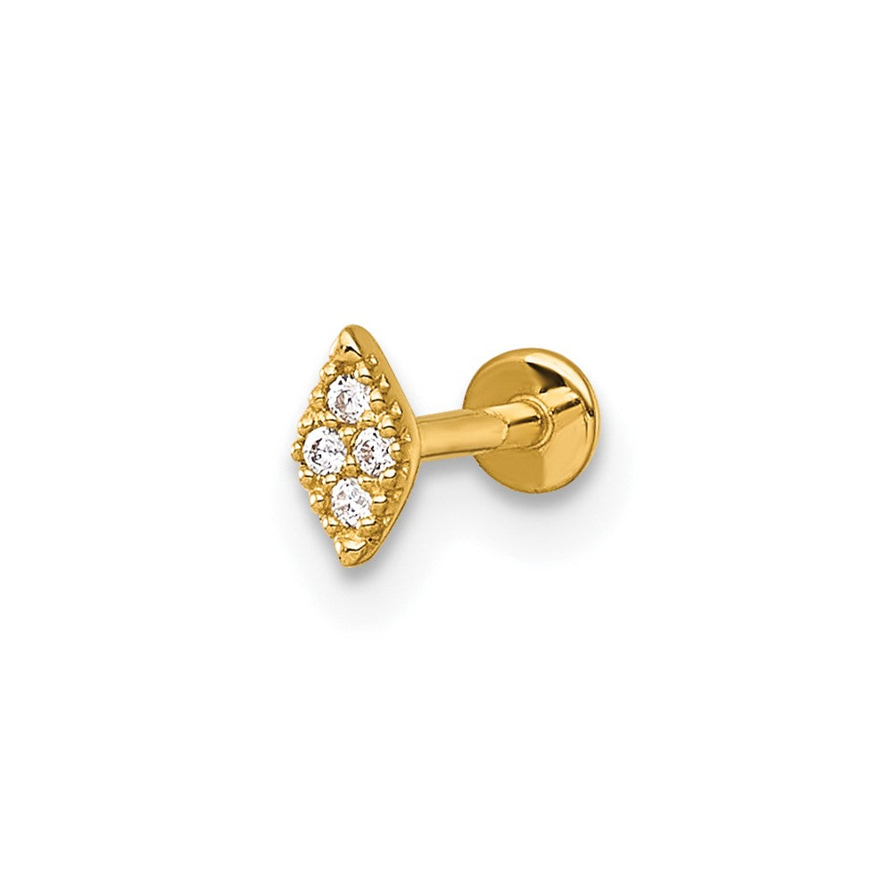 14k 18 Gauge Polished and Textured CZ Navette Labret Stud