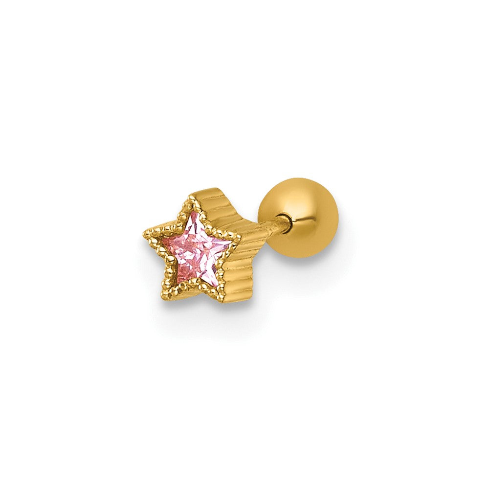 14k 22 Gauge Polished and Beaded Pink CZ Star Labret Stud