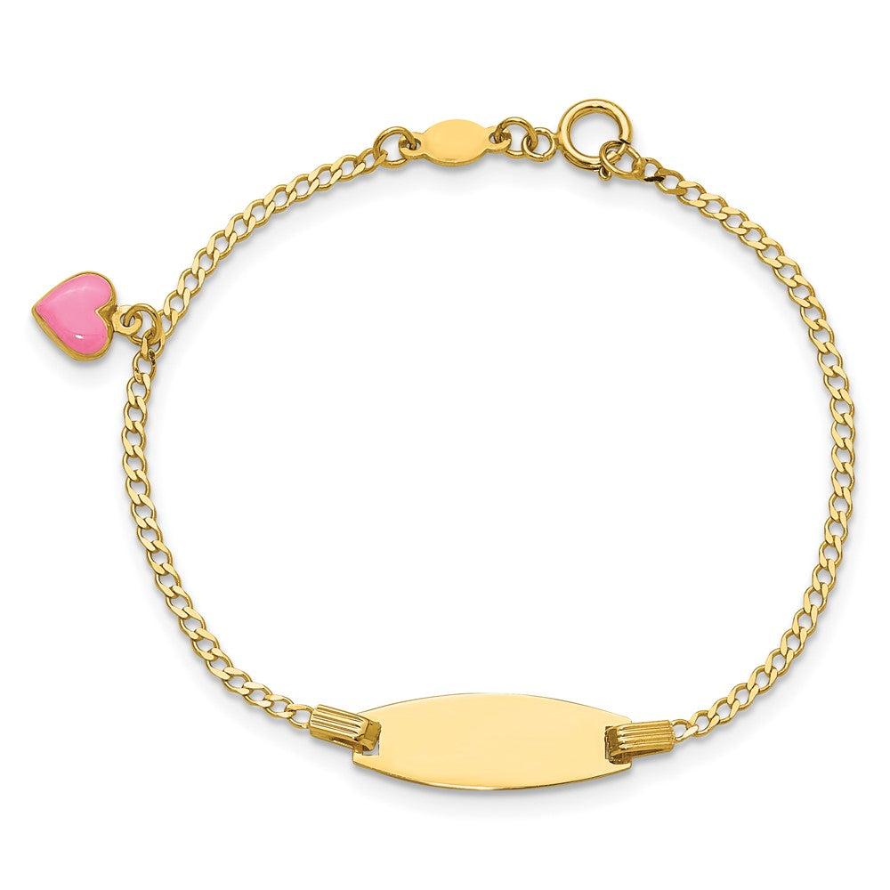 14k Polished Kids ID with Pink Enameled Puff Heart 5.5in Bracelet