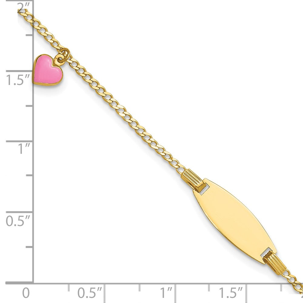 14k Polished Kids ID with Pink Enameled Puff Heart 5.5in Bracelet
