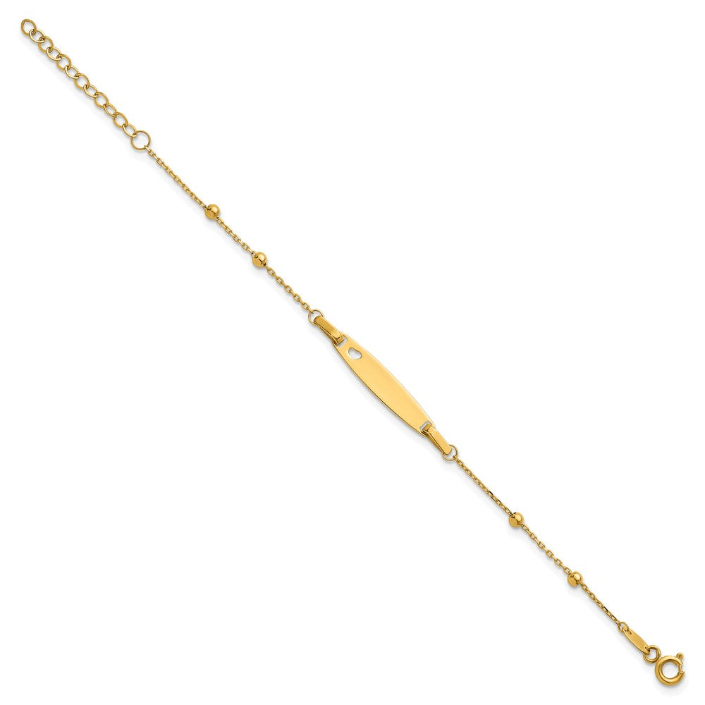 14K Children's Polished Beaded Heart ID 5in w/1in ext Bracelet