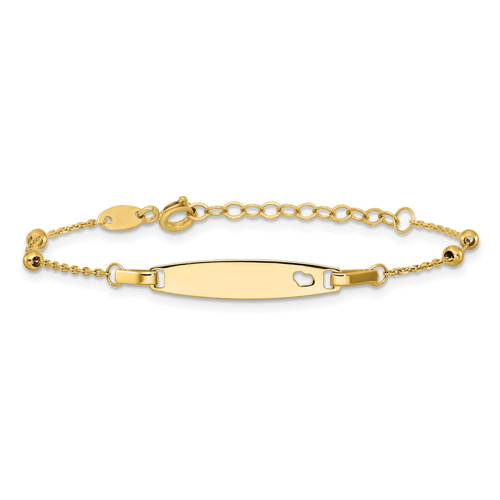 14K Children's Polished Beaded Heart ID 5in w/1in ext Bracelet