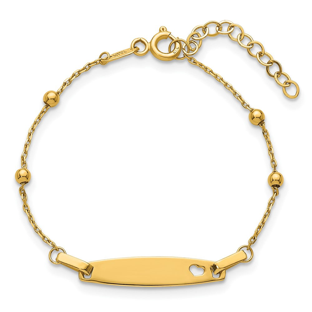 14K Children's Polished Beaded Heart ID 5in w/1in ext Bracelet