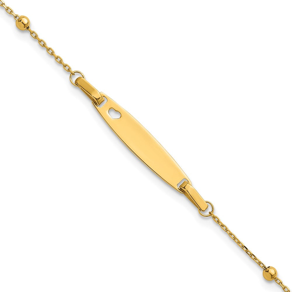 14K Children's Polished Beaded Heart ID 5in w/1in ext Bracelet