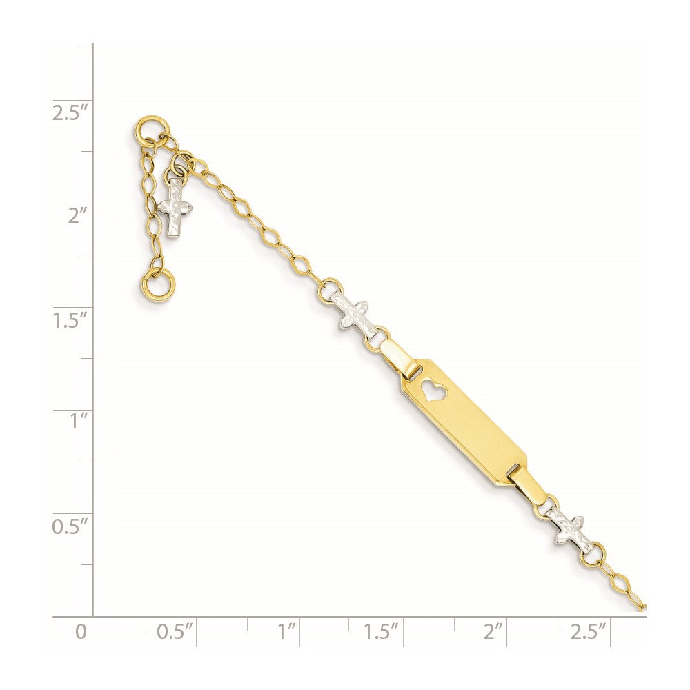 14k Two-tone Baby Polished and Textured Cross w/ ext. ID Bracelet