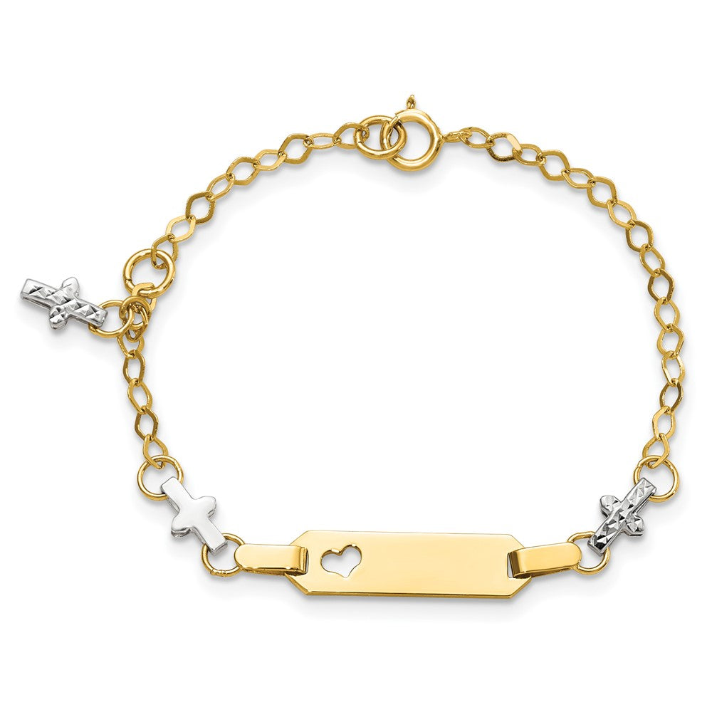 14k Two-tone Baby Polished and Textured Cross w/ ext. ID Bracelet