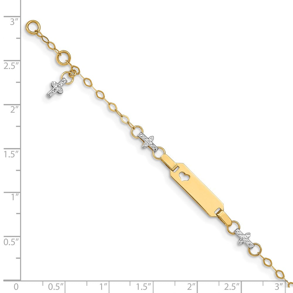 14k Two-tone Baby Polished and Textured Cross w/ ext. ID Bracelet