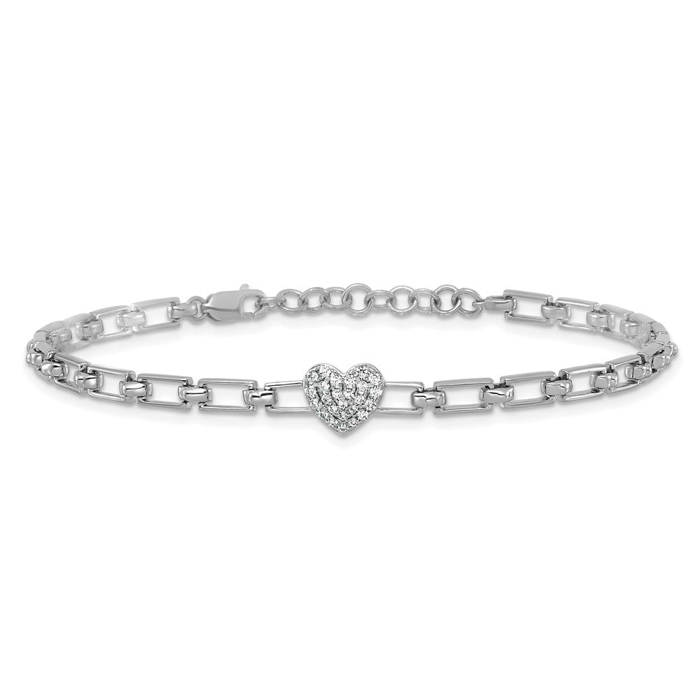 14K White Gold Polished Diamond Heart Cluster Fancy Link with 1in ext. Brac