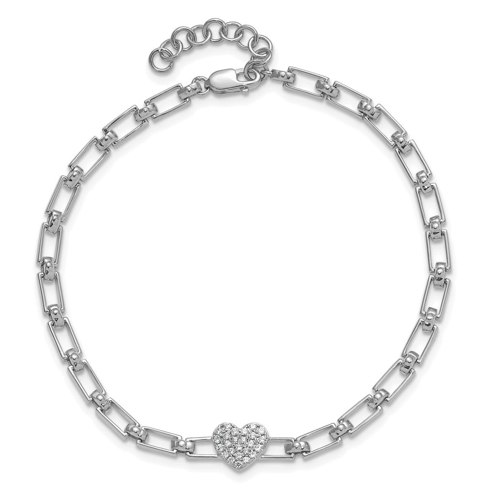 14K White Gold Polished Diamond Heart Cluster Fancy Link with 1in ext. Brac