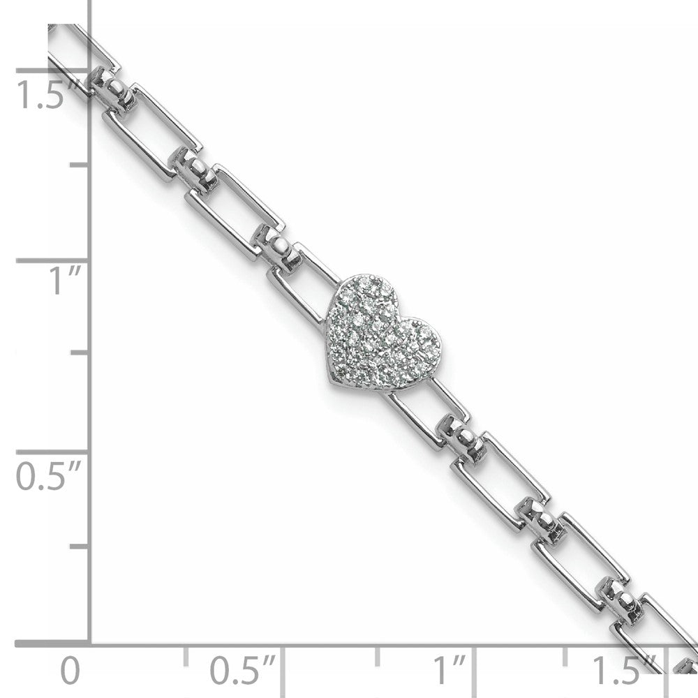 14K White Gold Polished Diamond Heart Cluster Fancy Link with 1in ext. Brac