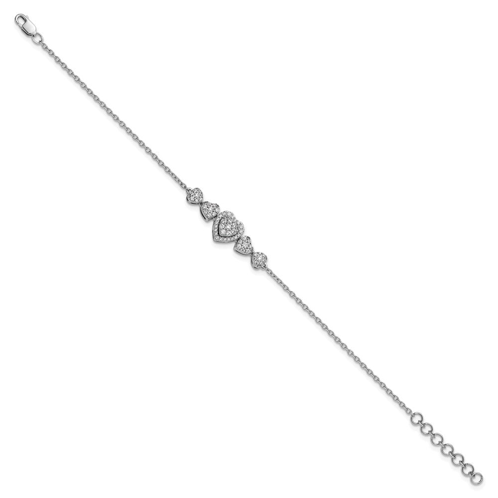 14K White Gold Polished Diamond Hearts with 1in ext. Bracelet