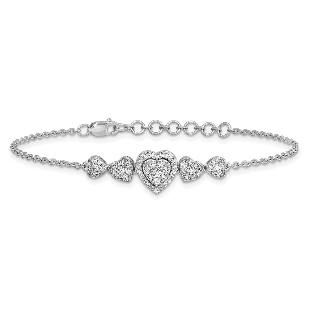 14K White Gold Polished Diamond Hearts with 1in ext. Bracelet