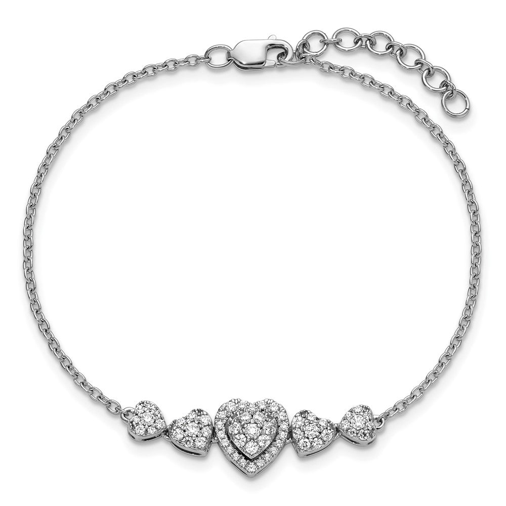 14K White Gold Polished Diamond Hearts with 1in ext. Bracelet