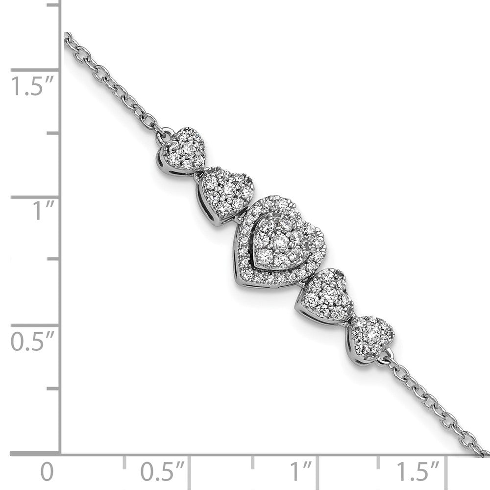 14K White Gold Polished Diamond Hearts with 1in ext. Bracelet
