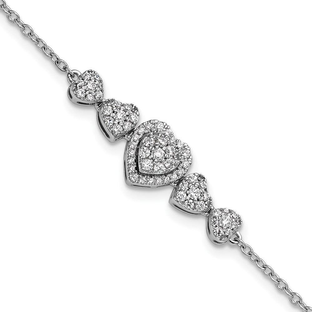 14K White Gold Polished Diamond Hearts with 1in ext. Bracelet