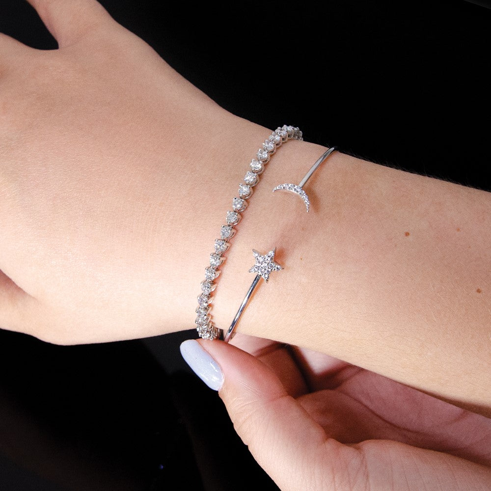 14k White Gold Diamond Moon and Star Flexible Cuff Bangle