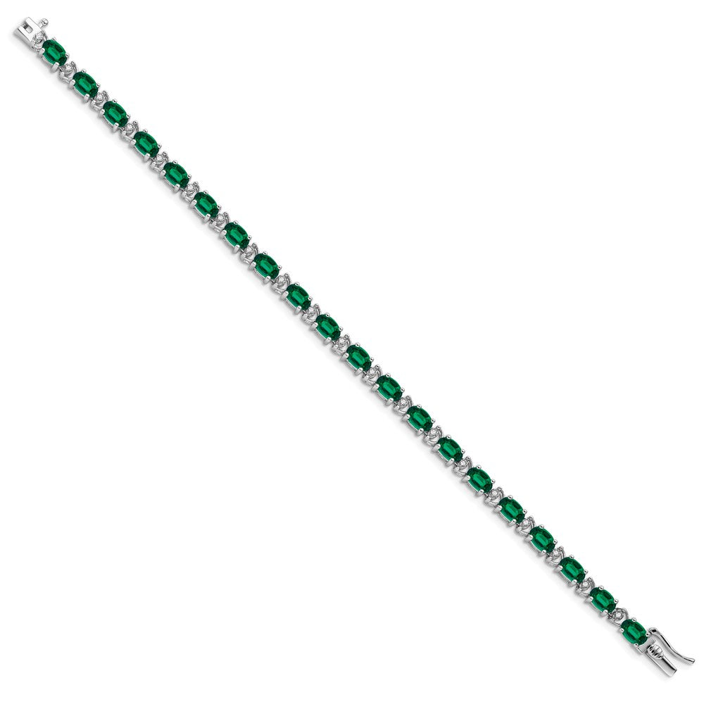 14k White Gold Oval Created Emerald and Diamond Bracelet