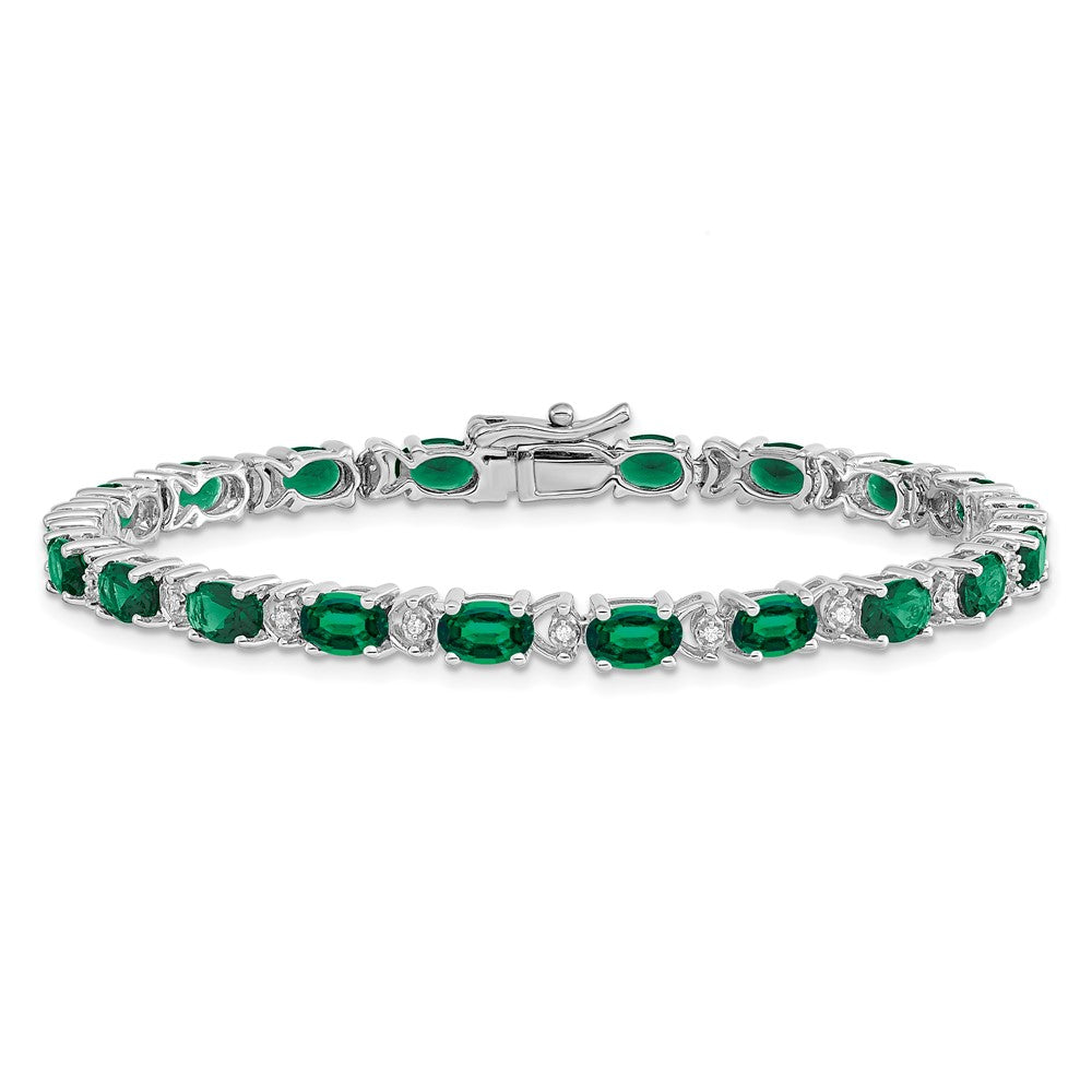 14k White Gold Oval Created Emerald and Diamond Bracelet