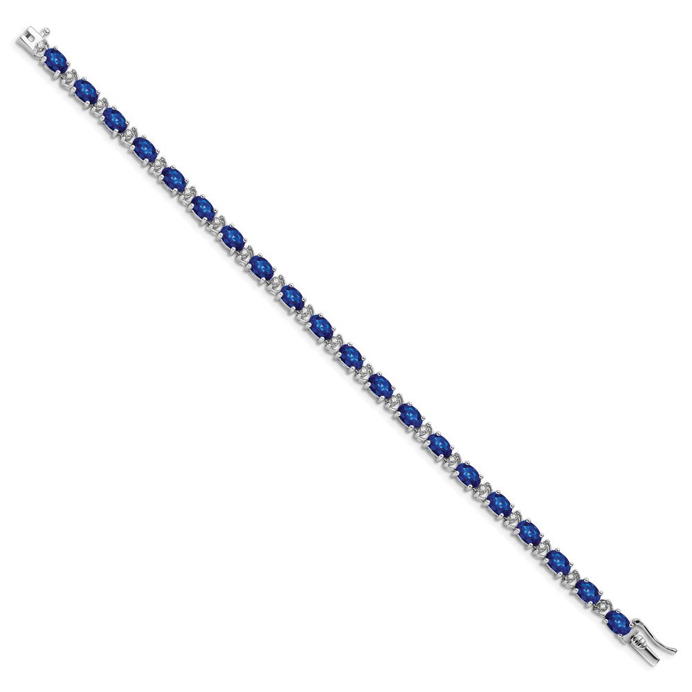 14k White Gold Oval Created Sapphire and Diamond Bracelet