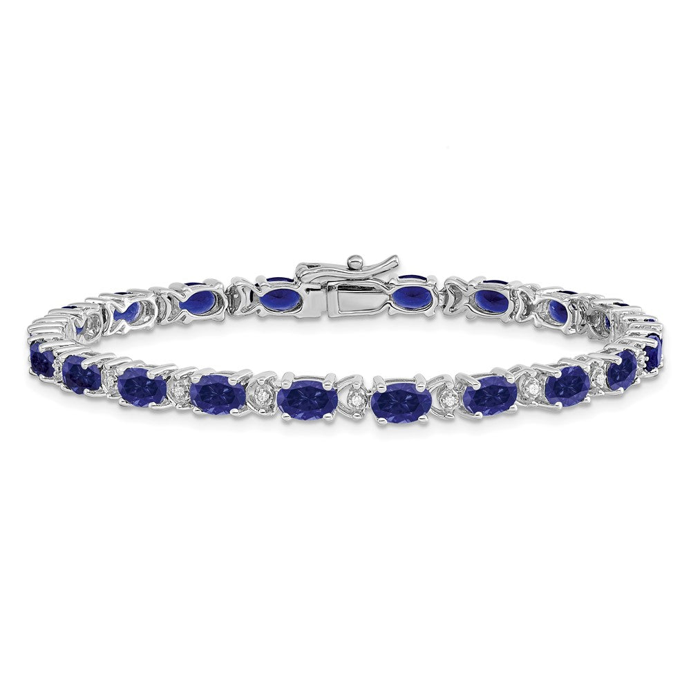 14k White Gold Oval Created Sapphire and Diamond Bracelet
