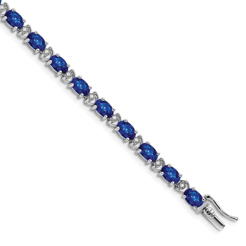 14k White Gold Oval Created Sapphire and Diamond Bracelet