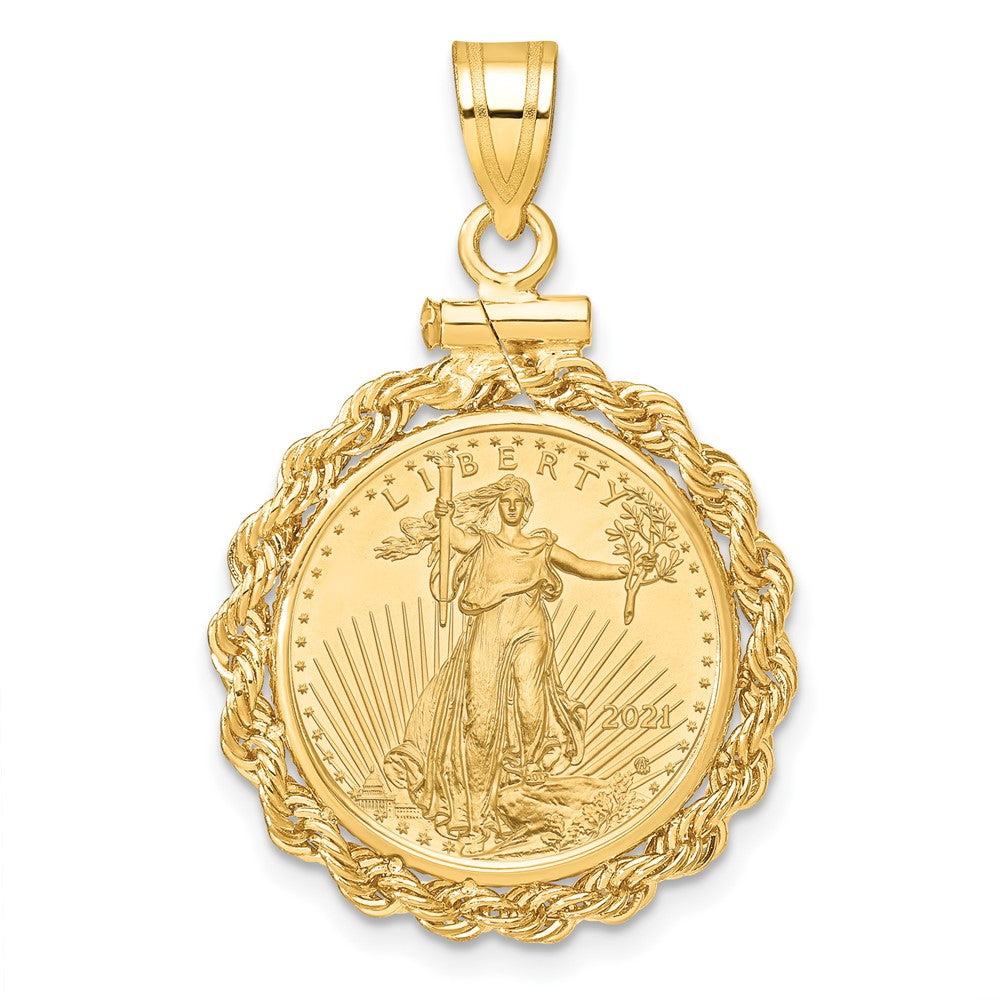 14k Polished Rope Mntd 1/10oz AM Eagle Screw Top Coin Bezel Pendant