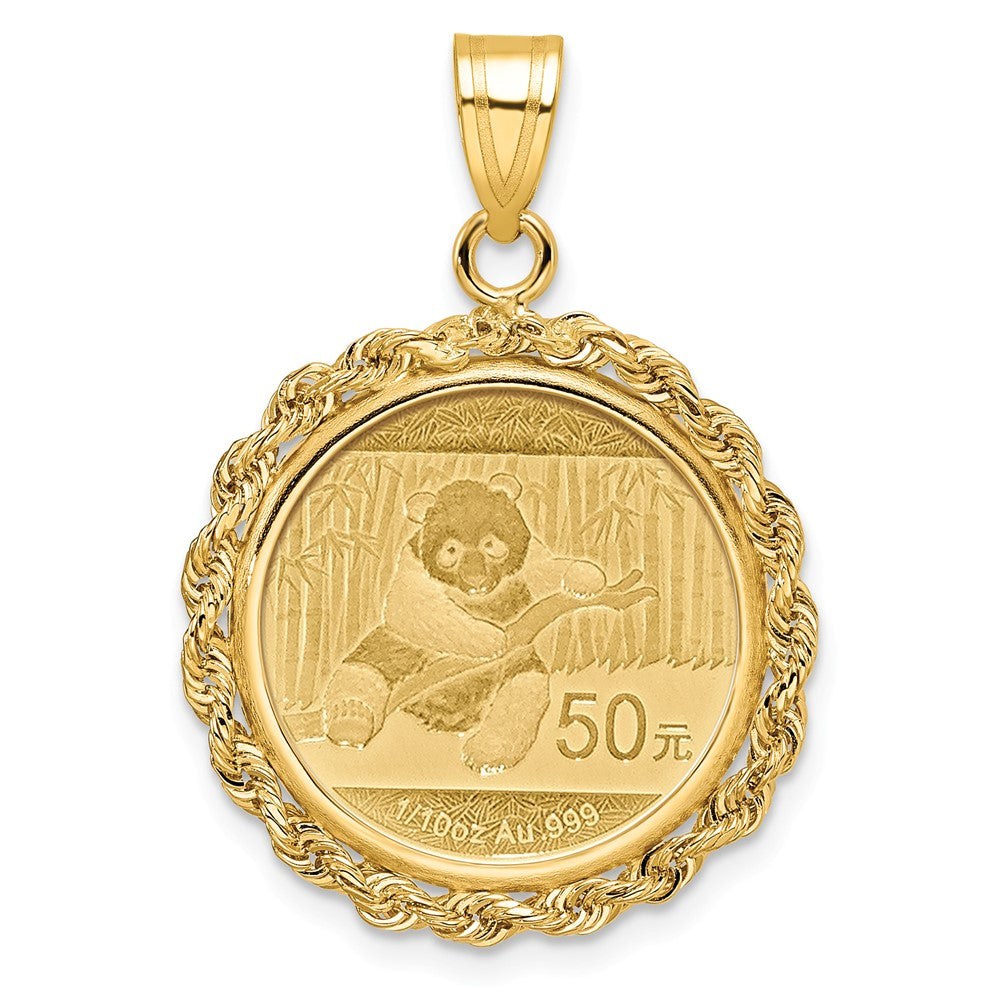 14k Polished Rope Mounted 1/10oz Panda Prong Coin Bezel Pendant