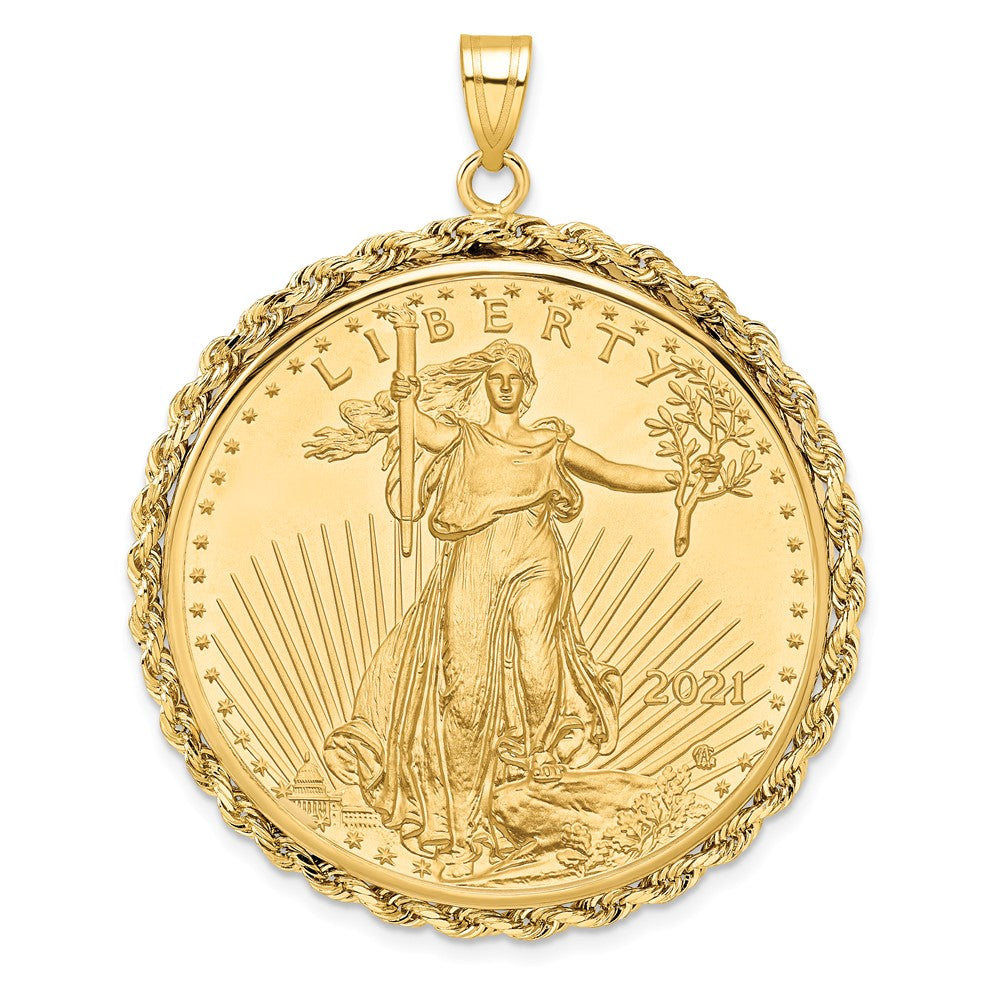 14k Polished Rope Mounted 1oz American Eagle Prong Coin Bezel Pendant