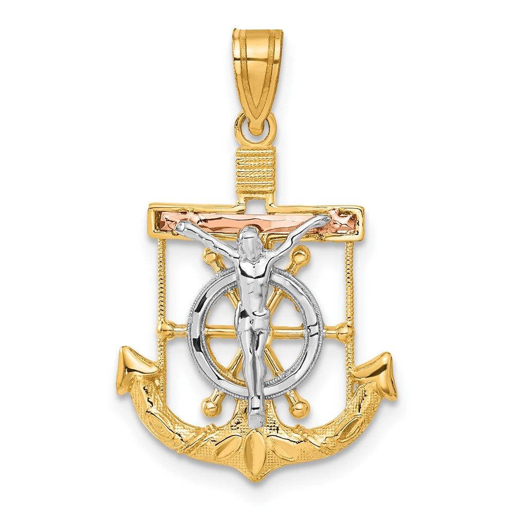 14k Tri-color Diamond-cut w/Textured Mariner's Crucifix Pendant