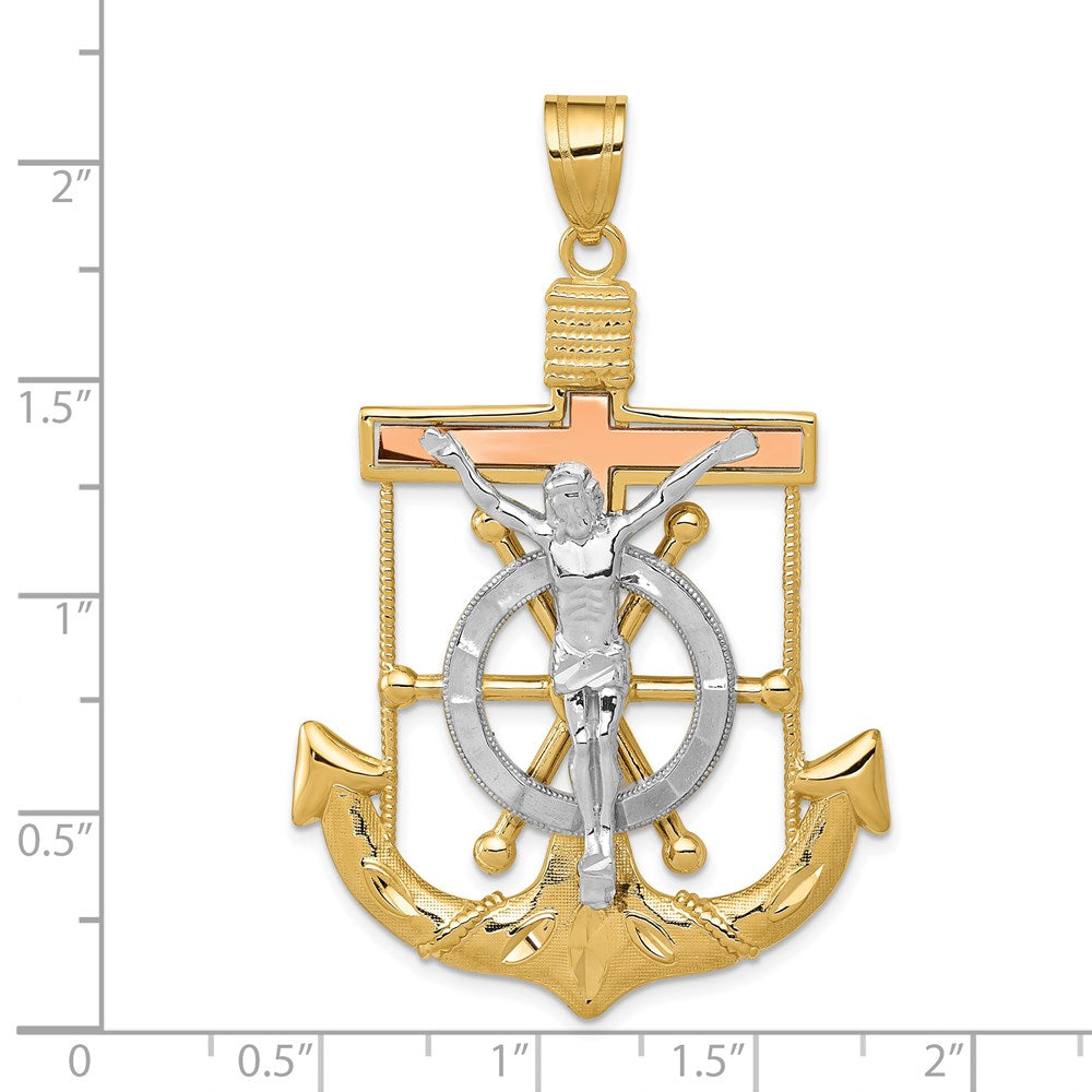 14k Tri-color Diamond-cut w/Textured Mariner's Crucifix Pendant