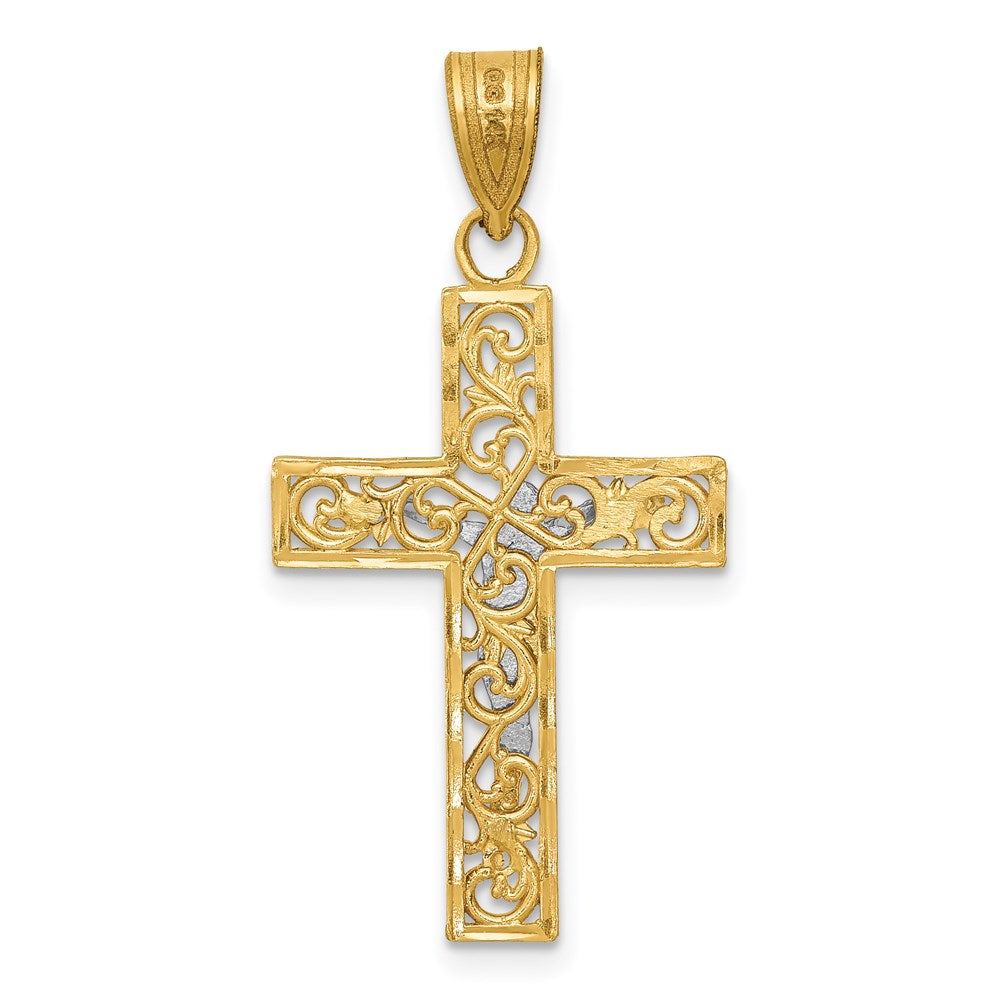 14K Two-Tone D/C Small Block Filigree Crucifix Pendant