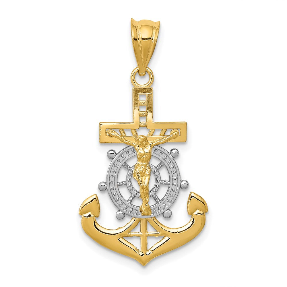 14k w/Rhodium Diamond-cut Mariners Crucifix Pendant