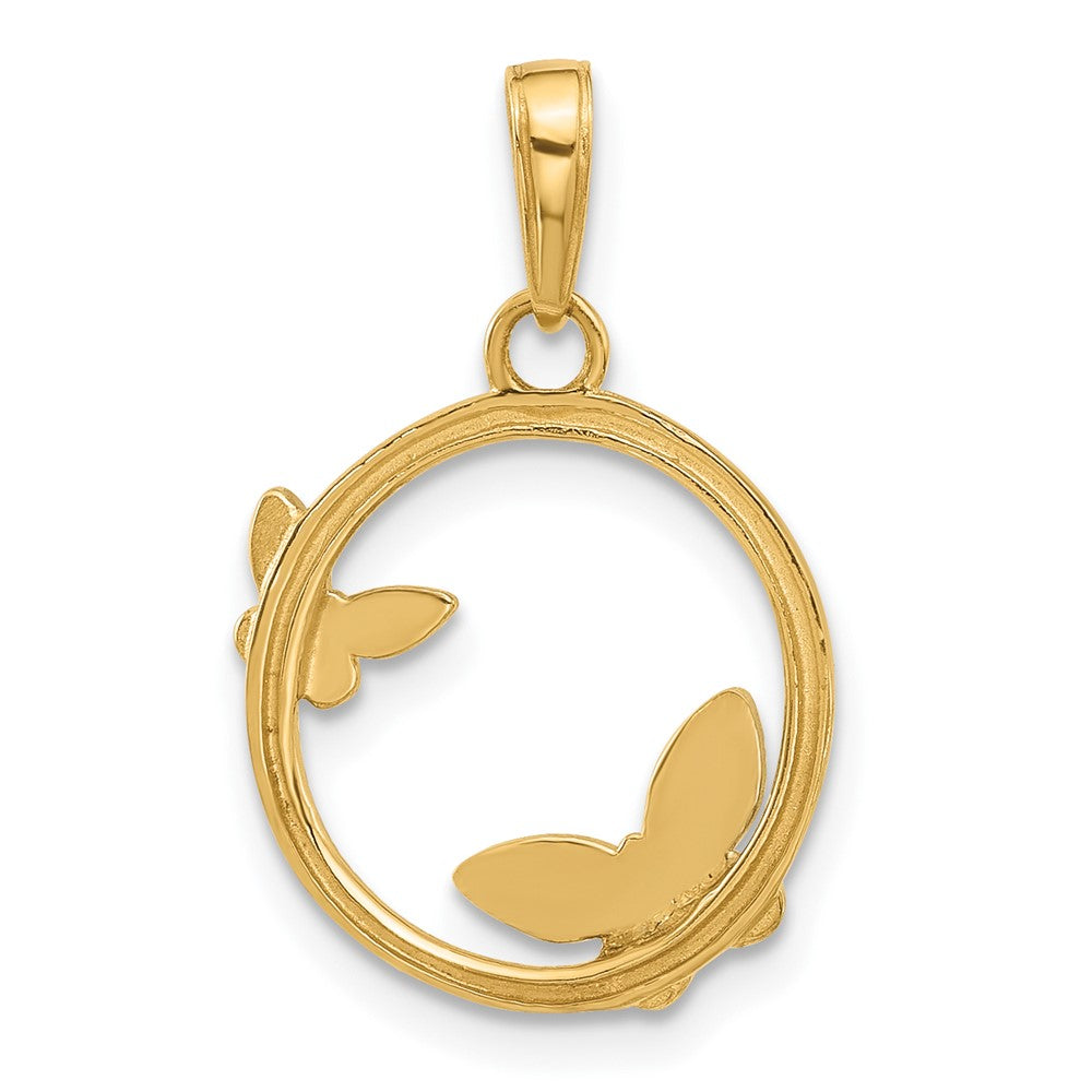 14K And White Rhodium D/C Butterflies on Circle Pendant
