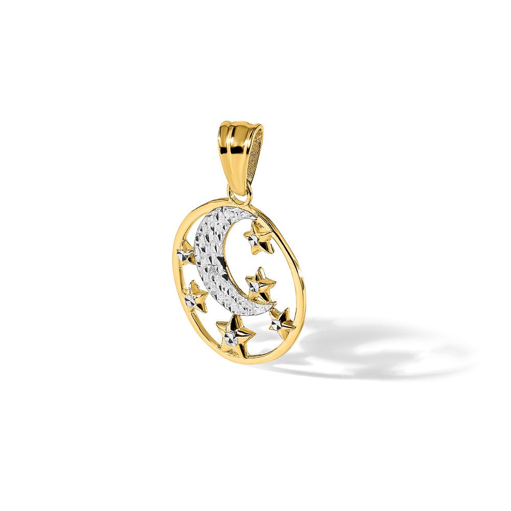 14K and White Rhodium D/C Moon and Stars Pendant