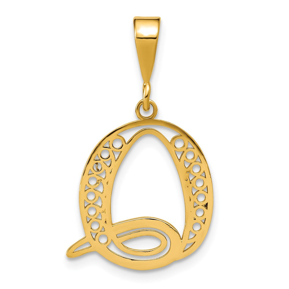 14KY Polished Script Filigree Letter Q Initial Pendant
