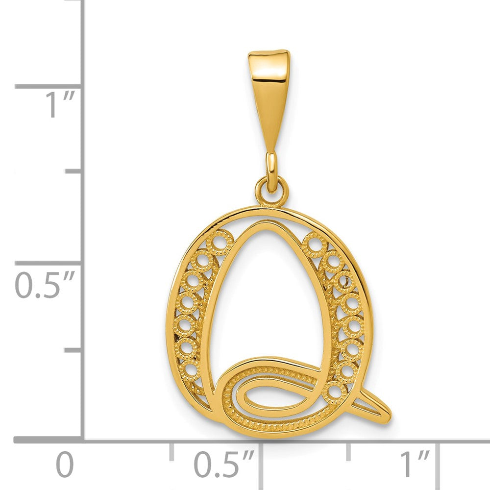14KY Polished Script Filigree Letter Q Initial Pendant