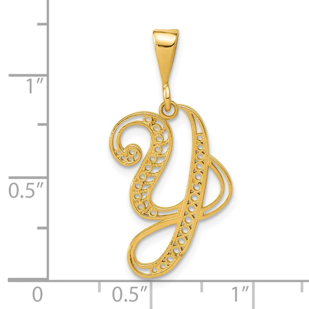 14KY Polished Script Filigree Letter Y Initial Pendant