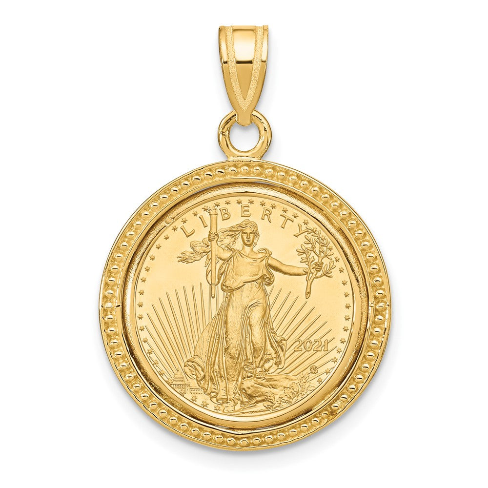 14k Polished & Beaded Mntd 1/10oz AM Eagle Prong Coin Bezel Pendant